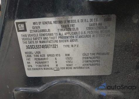 2008 Saturn Vue V6 Xr z USA, uszkodzony, nr VIN 3GSCL53748S671321